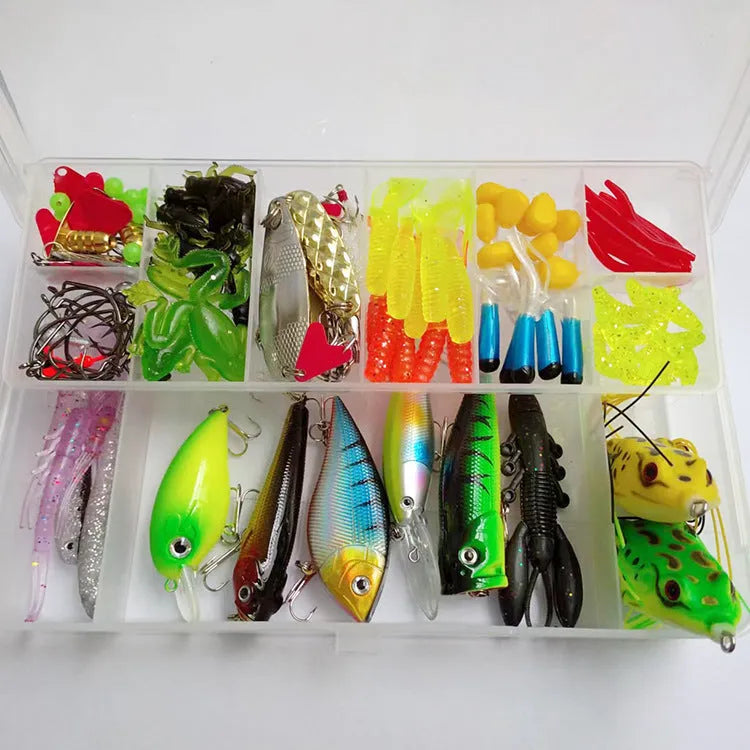 Lure Suit 142 pieces with fishing pliers, metal lures, plastic baits, and hard mino sequins arranged in tackle box