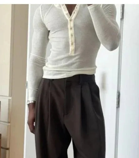 Men's cream-coloured ribbed long-sleeve henley top with three-button placket in Apricot hue