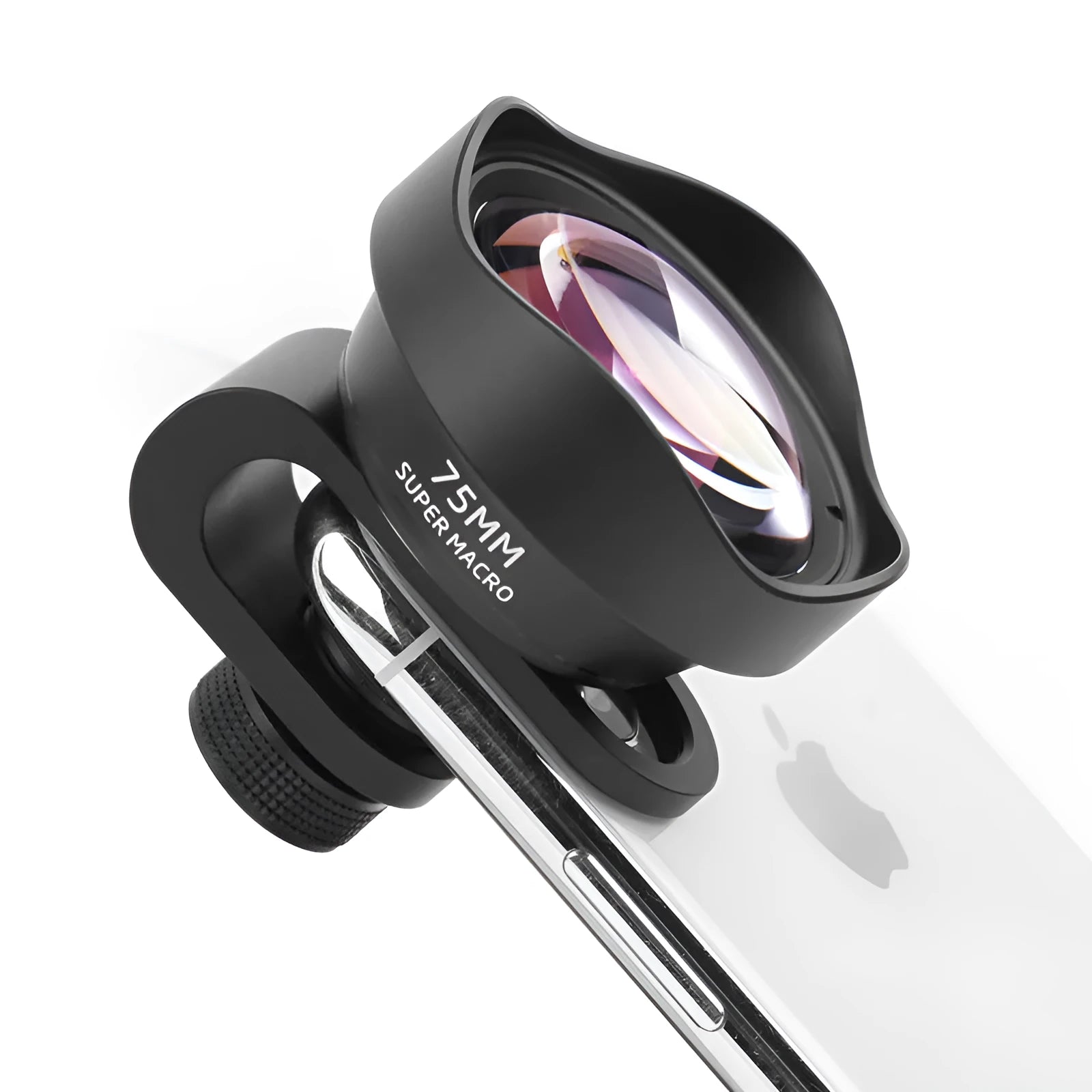 Universal mobile phone macro lens with protective cover and storage bag for close-up photography.