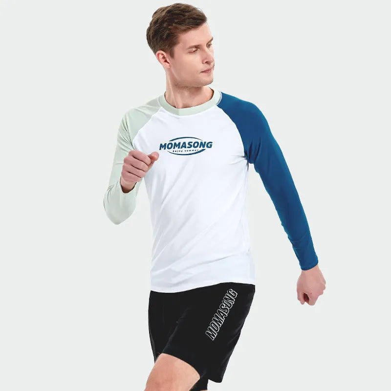 Men's long-sleeved sunscreen swimsuit in white top and double-layer beach swim trunks for swimming and surfing