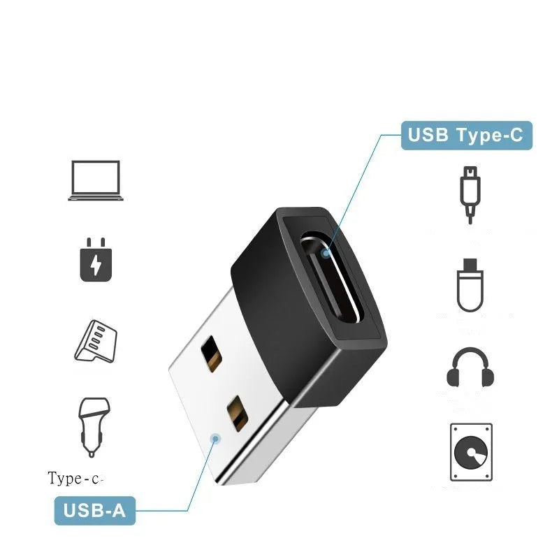 USB male to Type-C female adapter in black or silver colour with plastic stainless steel construction