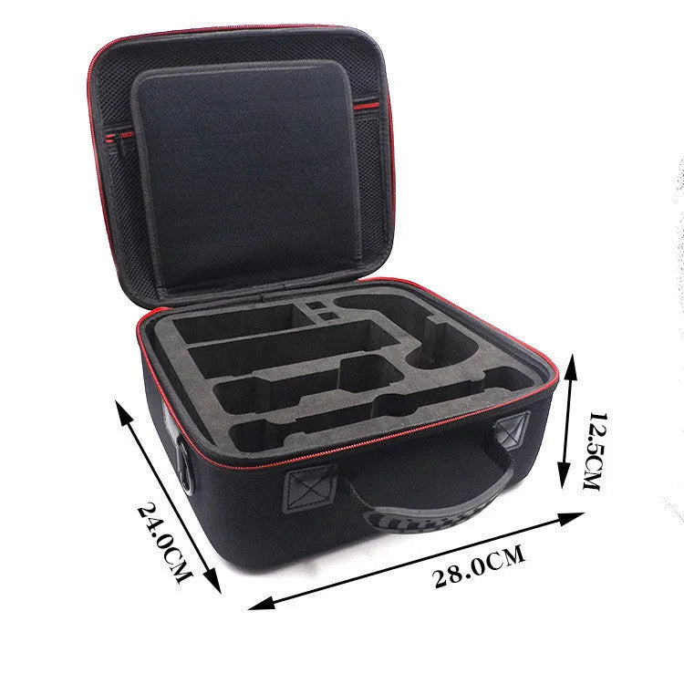 Black EVA game console accessory storage bag showing dimensions and offset printed finish