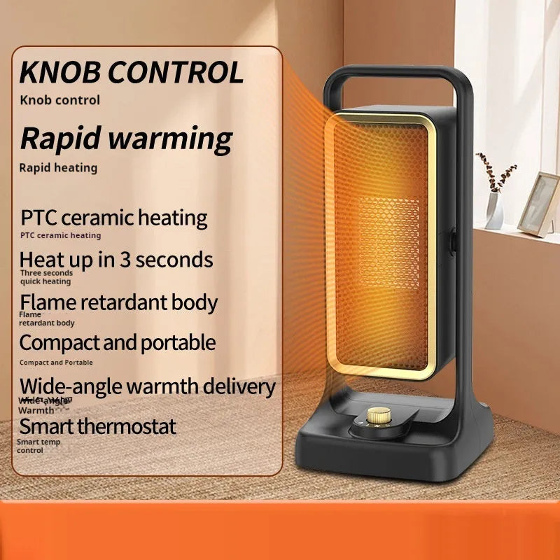 Black PTC ceramic desktop heater with knob controls, measuring 14.9×11.1×33.5 cm