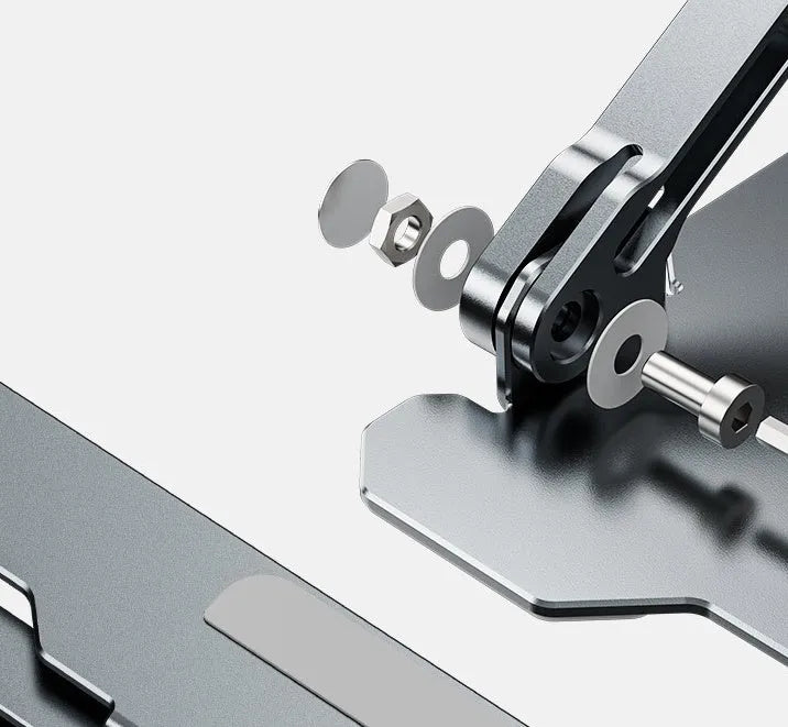 Grey aluminium alloy laptop stand folded flat with adjustable angle and silicone pads
