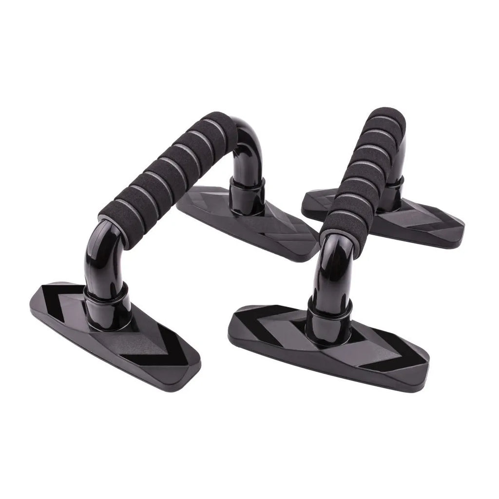 Two I-shaped push up bars with PP sponge handles showing 8cm elevation and adjustable width positioning