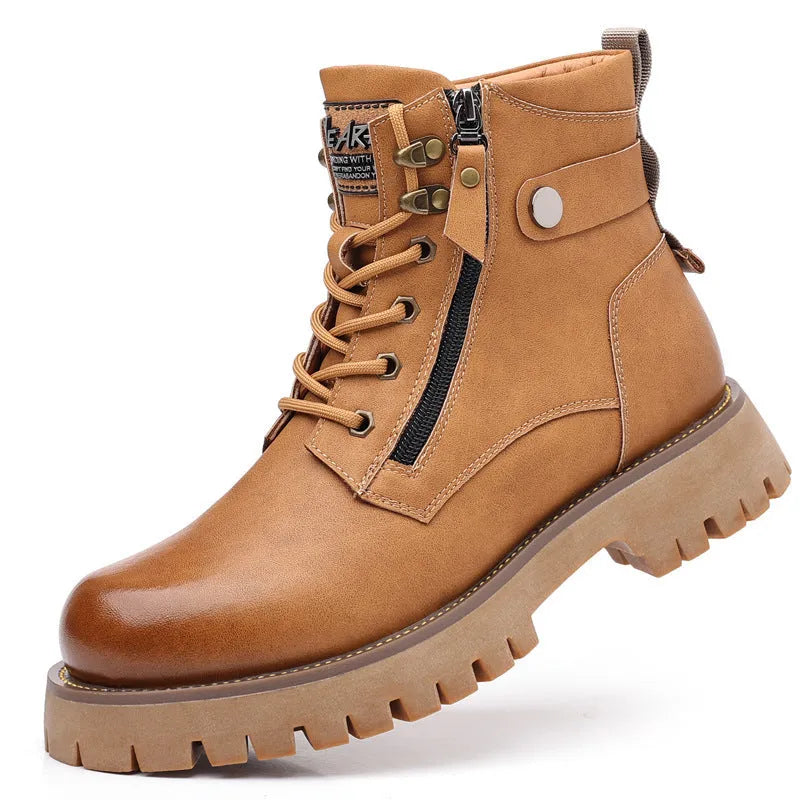 Men's brown leather high-top boots with side zipper and 3-5cm heel, showing round toe and mid-calf length
