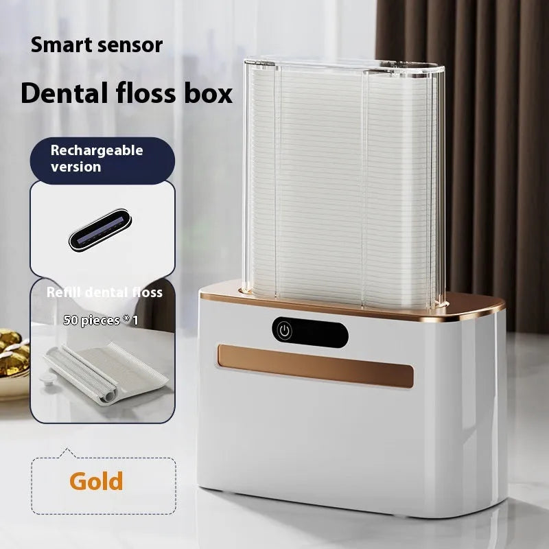 Intelligent Induction Dental Floss Box in dark grey, light grey, and gold with automatic pop-up mechanism and rechargeable battery