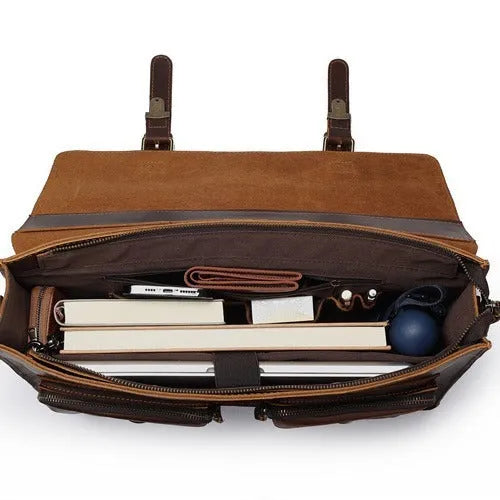 Dark brown cowhide leather computer bag with crossbody strap and anti-theft features