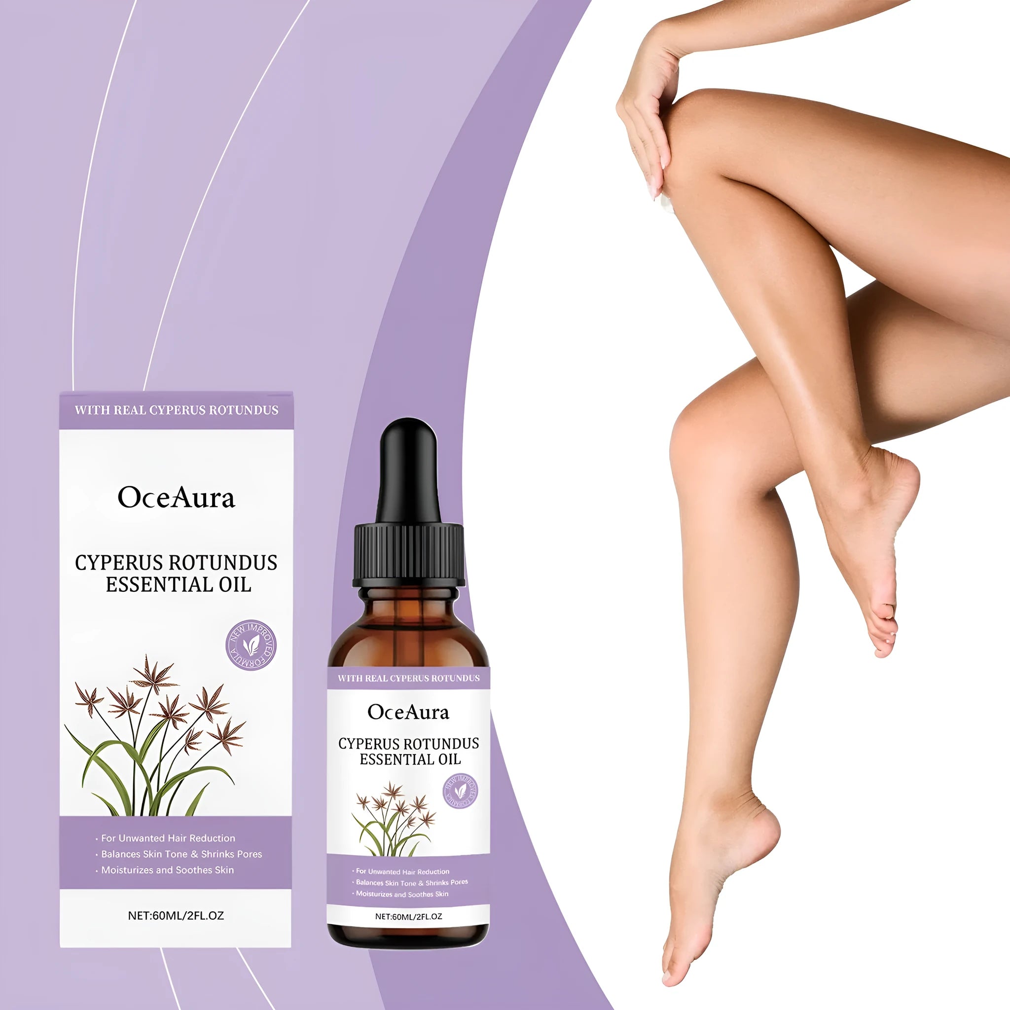 60ml bottle of fragrant hair removal treatment oil with botanical extracts for post-hair removal skin softening