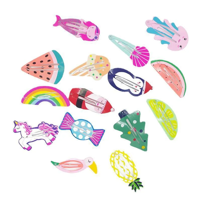 Metal children's hair barrettes with colourful fruit and character designs