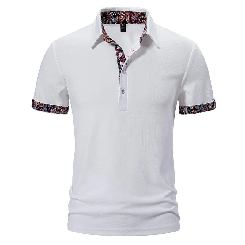 Men's European size polo shirt with colour stitching on turnover neck, short sleeves, available in white, black, and navy blue colours