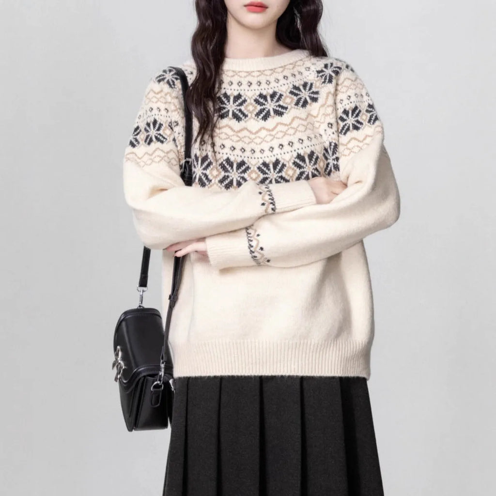 Women's vintage Fair Isle crew neck pullover sweater with geometric pattern in milky white, showing loose fit and regular sleeves