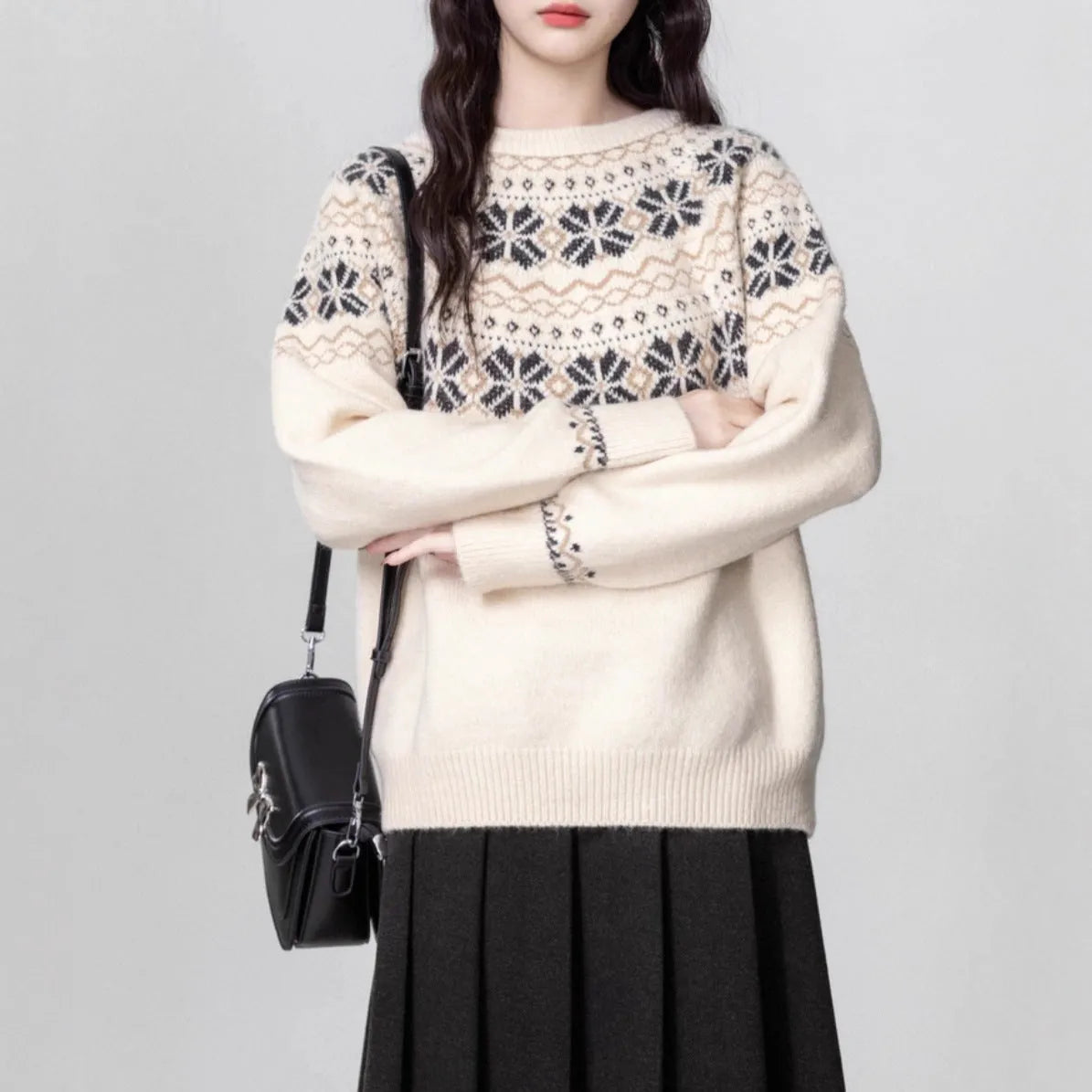 Women's vintage Fair Isle crew neck pullover sweater with geometric pattern in milky white, showing loose fit and regular sleeves