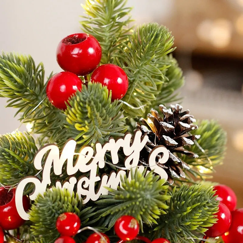 32cm desktop Christmas tree with pine cone ornaments and LED lights in red colour option