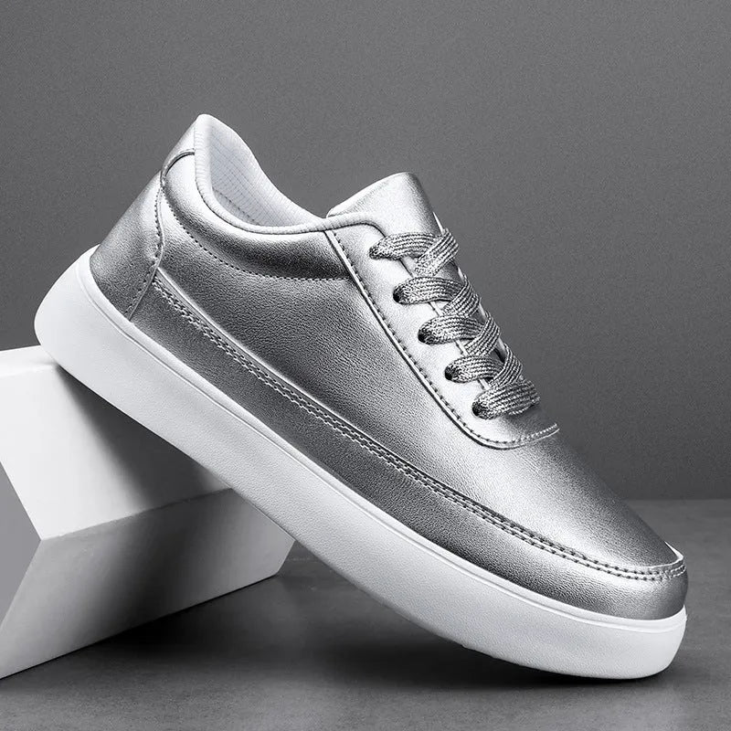 Women's leather flat casual shoes with front lace-up closure in gold colour