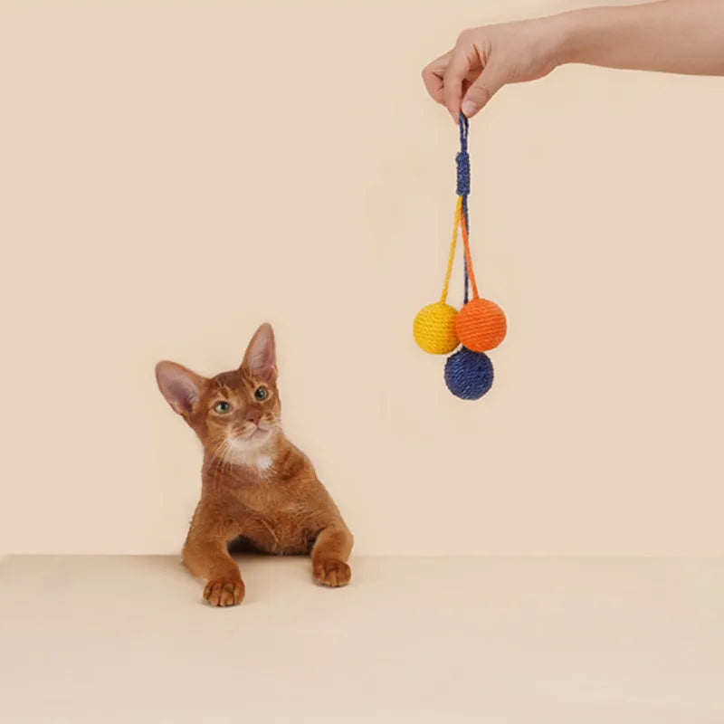 Cat toy set with 255mm teaser stick and bite-resistant catnip ball in blue, green, red, yellow colours