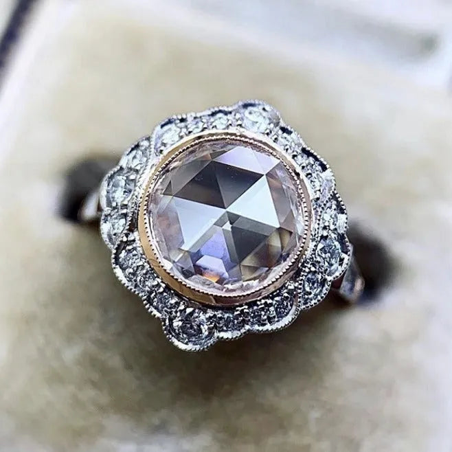 Rose gold two-tone alloy ring with inlaid moissanite, geometric women's design, sizes 6 to 10
