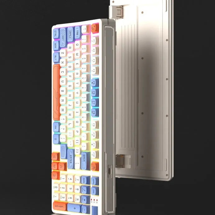 38.5cm wide luminous desktop keyboard with 1.8m cable in four colour options on wooden desk