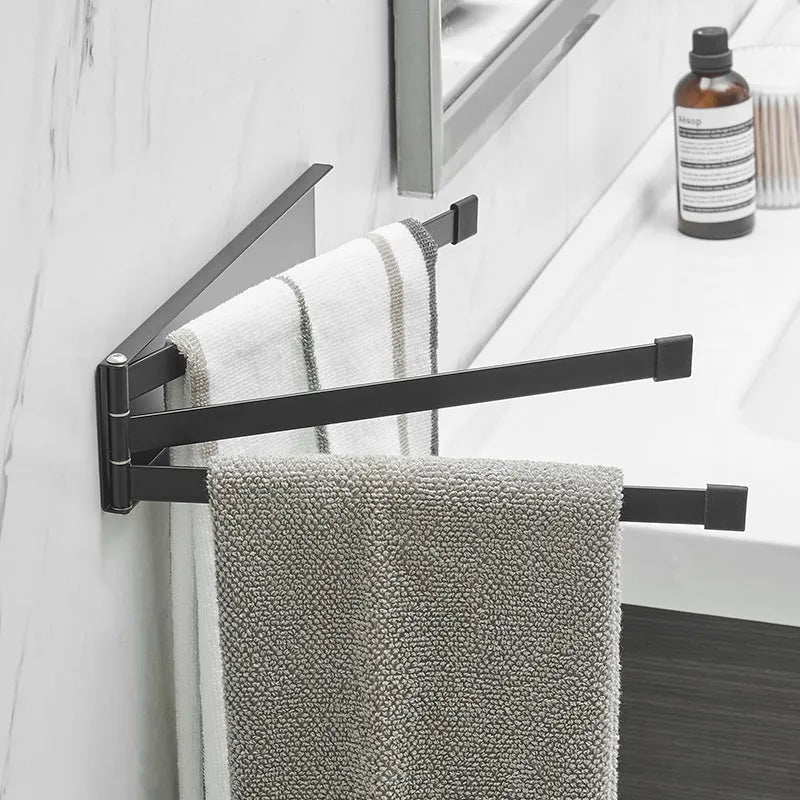 Black folding towel bar with non-perforated installation for bathrooms
