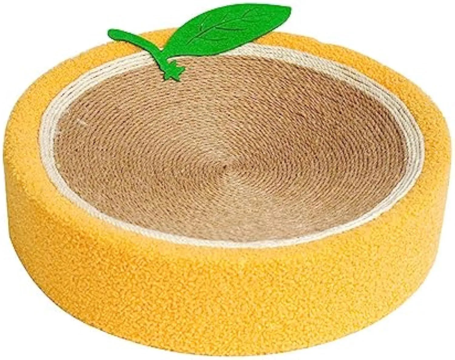 Yellow circular cat scratching board with sisal surface and concave centre for sleeping