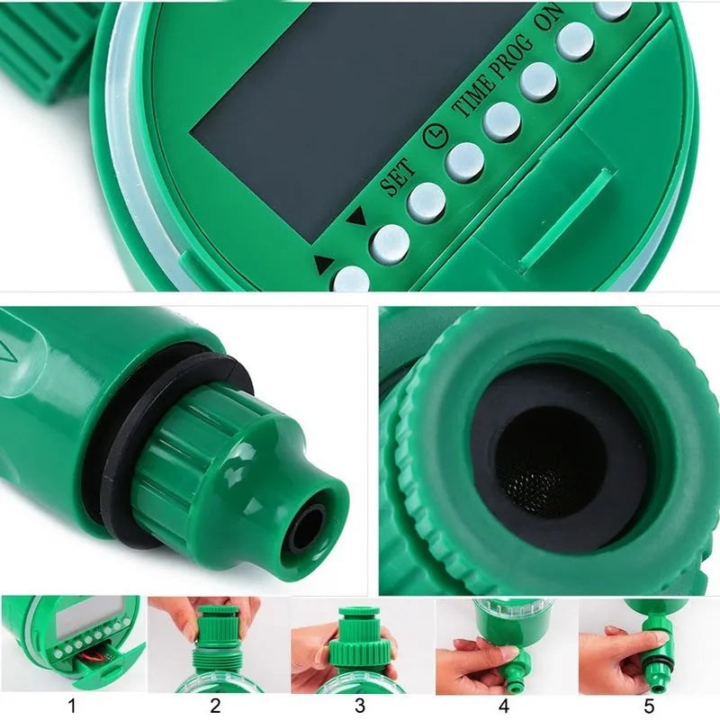 Green automatic watering timer device for drip irrigation systems with household water flow compatibility