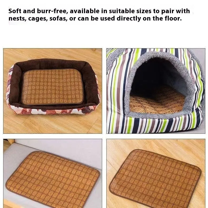 Brown rattan fibre summer cooling mat for dogs showing woven texture and size options