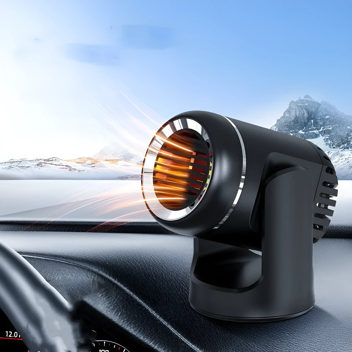 Black and white 12V portable car heater with hot cold warm settings for vehicle defrosting