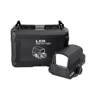 LCO black aluminium red dot reflex sight with 20mm rail mount on a rifle.