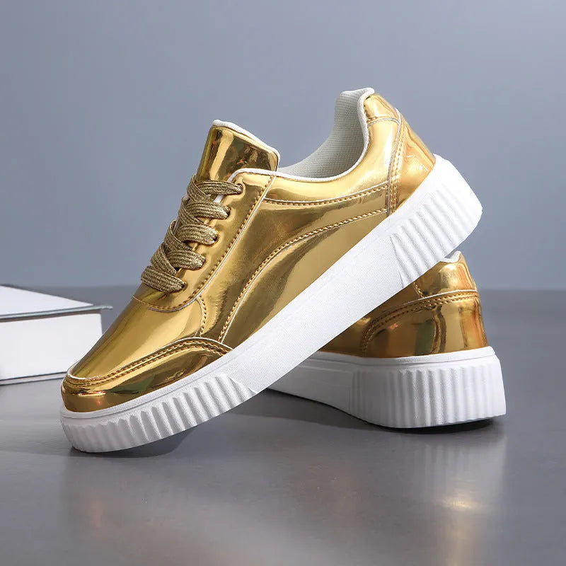 Rose gold and gold sequin platform sneakers with thick MD sole and stitching detail.