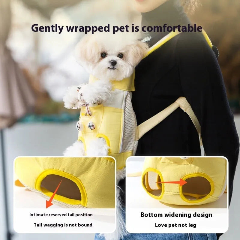 Cartoon cute chest bag portable pet carrier with animal pattern and colourful stitching on soft canvas material