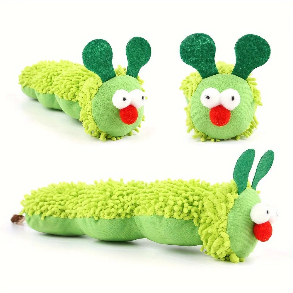 Green interactive plush cat toy pillow measuring 24x11x5cm with rechargeable electronic features
