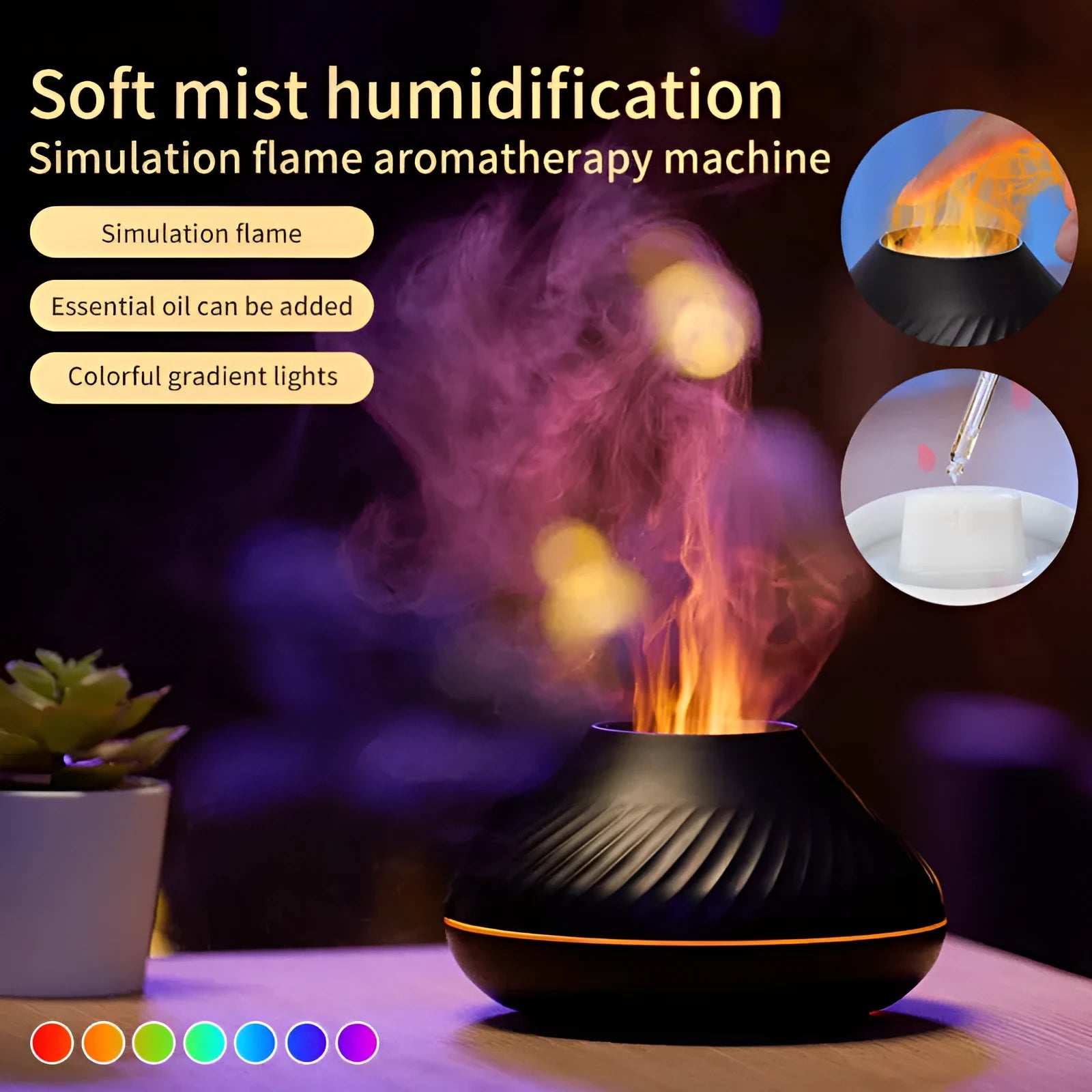 Beige USB aromatherapy diffuser with flame effect lighting on wooden table