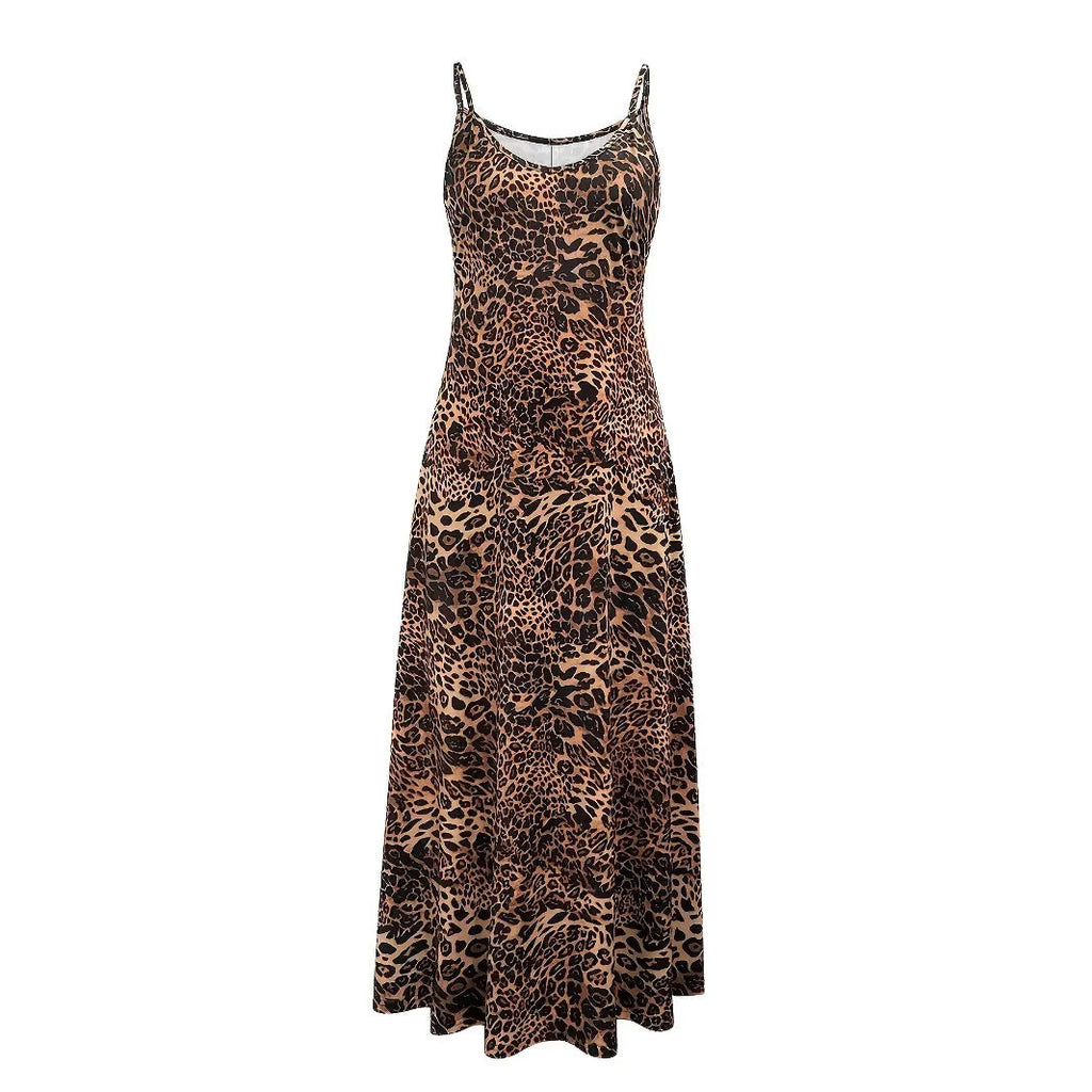 Dark brown leopard print sleeveless dress with adjustable shoulder straps and mid-waist hip skirt design