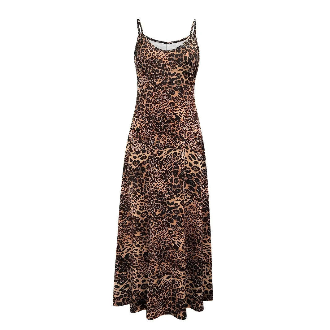 Dark brown leopard print sleeveless dress with adjustable shoulder straps and mid-waist hip skirt design