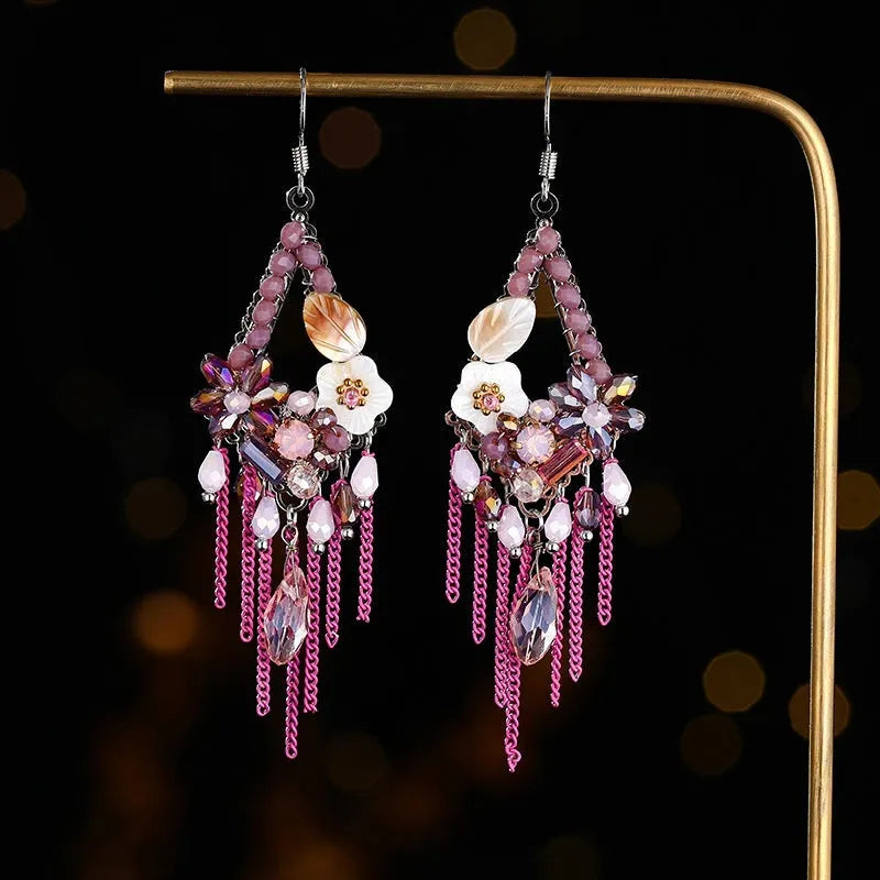 Bohemian style long exaggerated earrings with hand-woven artificial crystal in three colour options