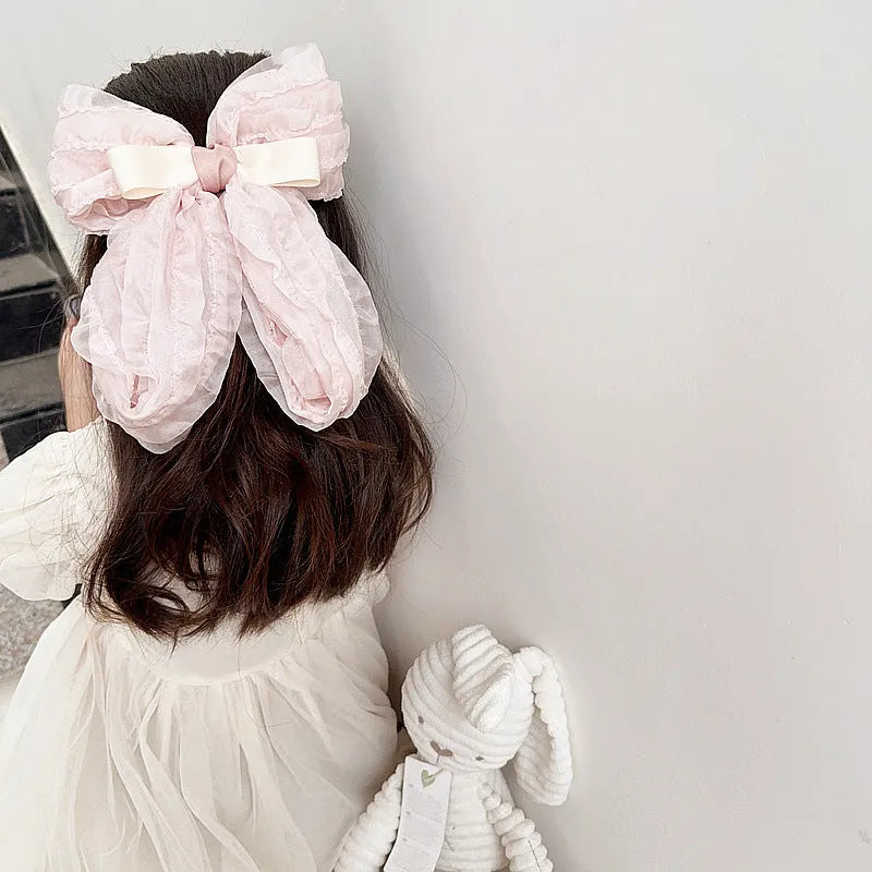 Children's pink retro bow hair clip with cloth ribbon bow and press clip for girls' hair