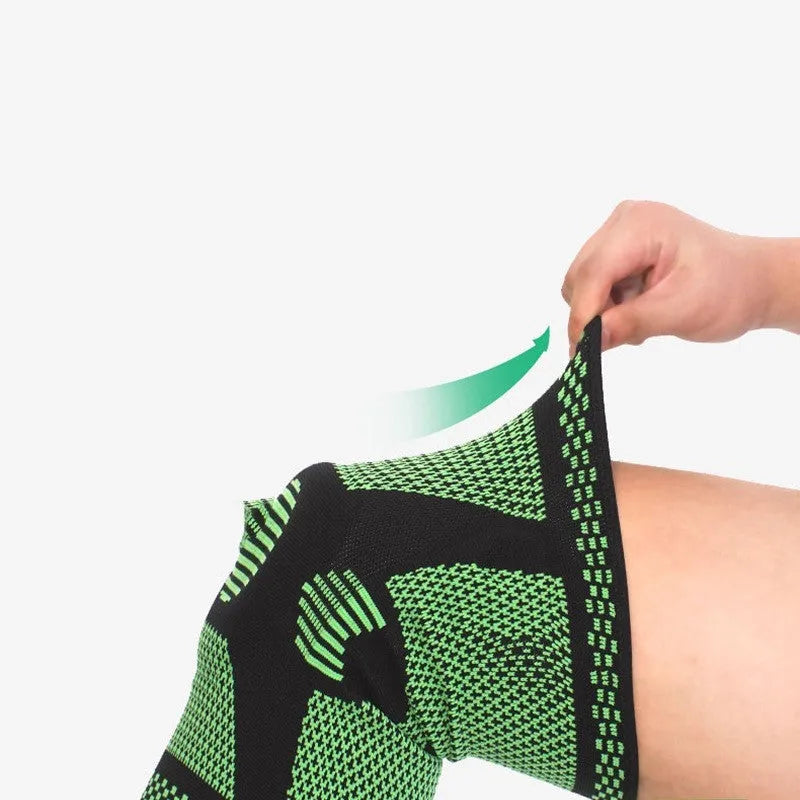 Polyamide sports knee pads with silicone spring padding in blue, green, orange, or white colours