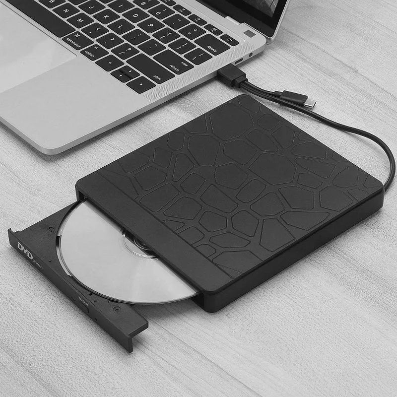 Black external optical drive with dual USB connectors for notebook computers