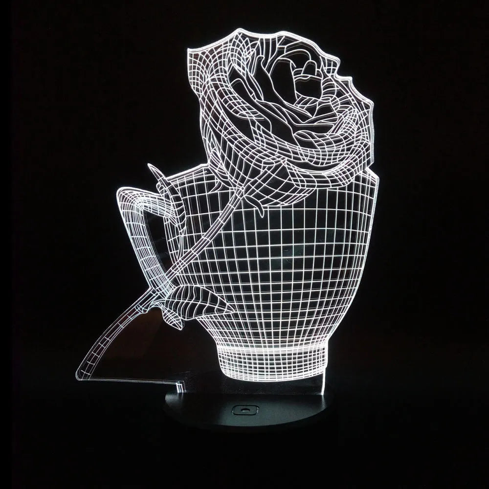 3D rose flower night light with acrylic board, ABS base, and remote control, showing seven colour options