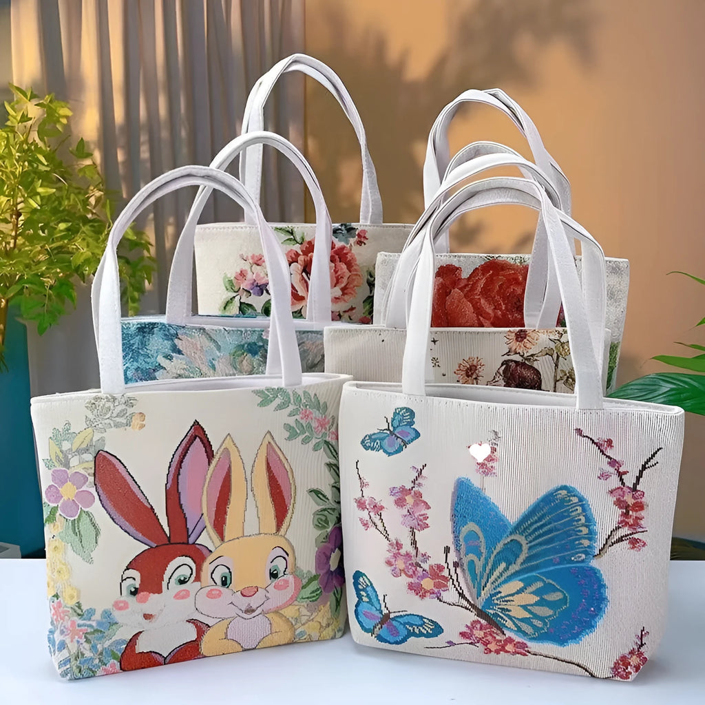 Gold wire embroidered canvas handbag showing bunny design, with polyester lining and top handles.