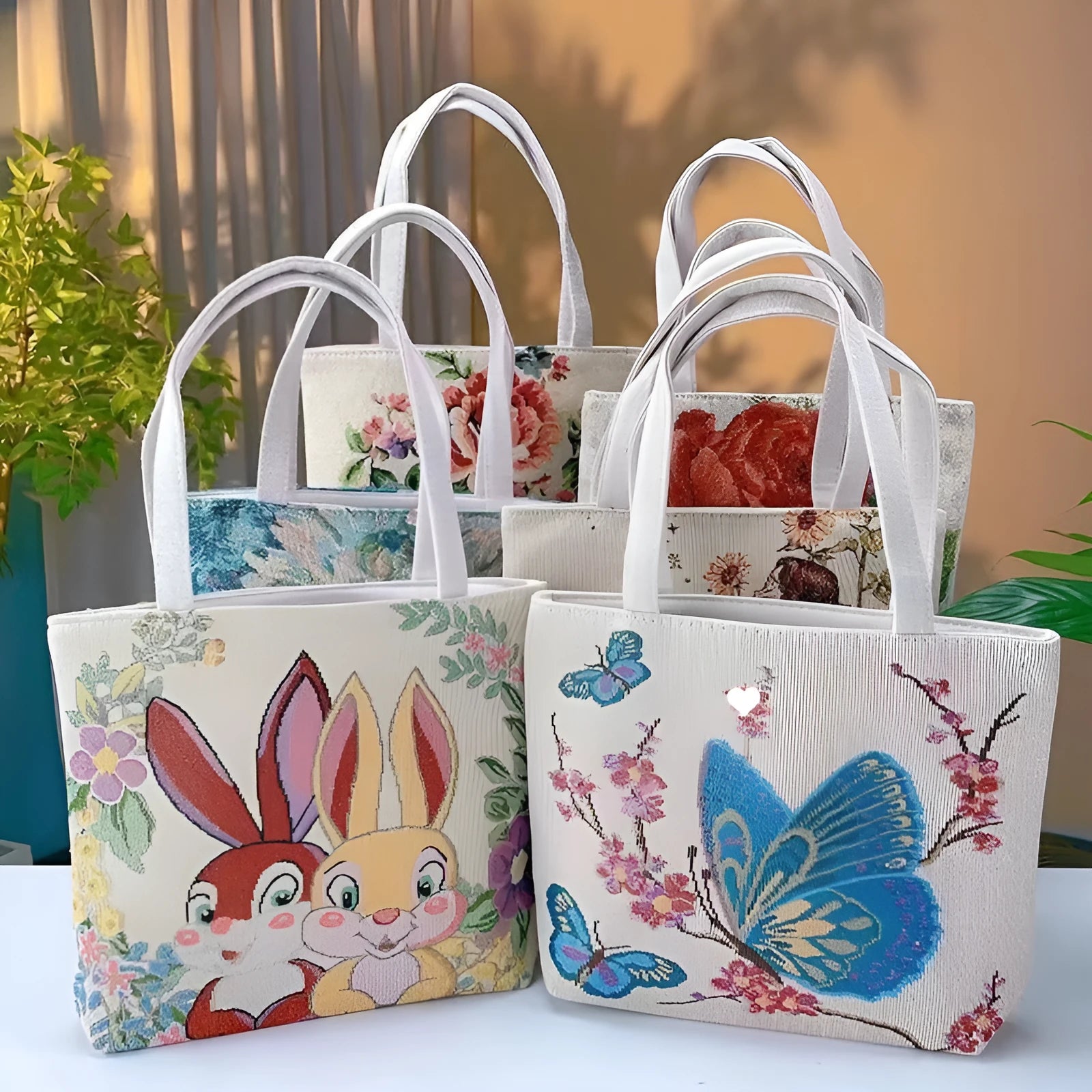 Gold wire embroidered canvas handbag showing bunny design, with polyester lining and top handles.