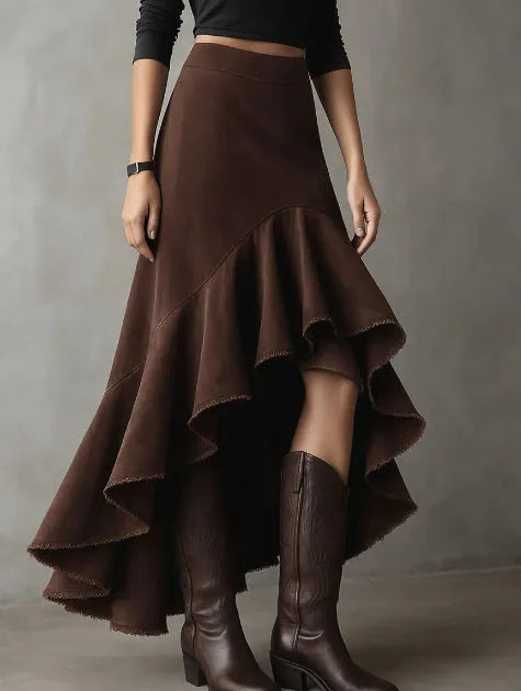 Brown women's maxi skirt with high-low hem and ruffle trim in eco-suede polyester fabric