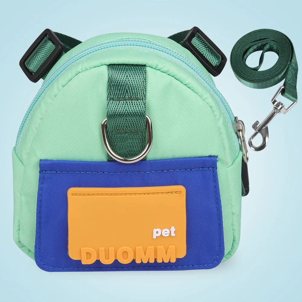 Blue dog backpack with adjustable harness and storage compartments for hiking and travel