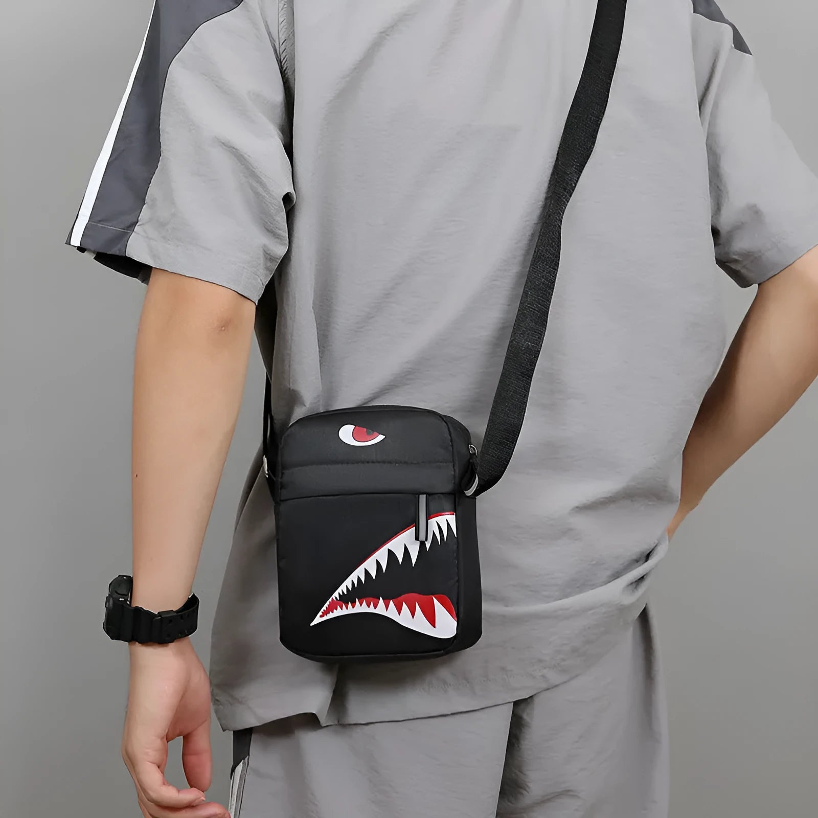 Men's small casual crossbody bag with animal pattern design in Oxford cloth construction