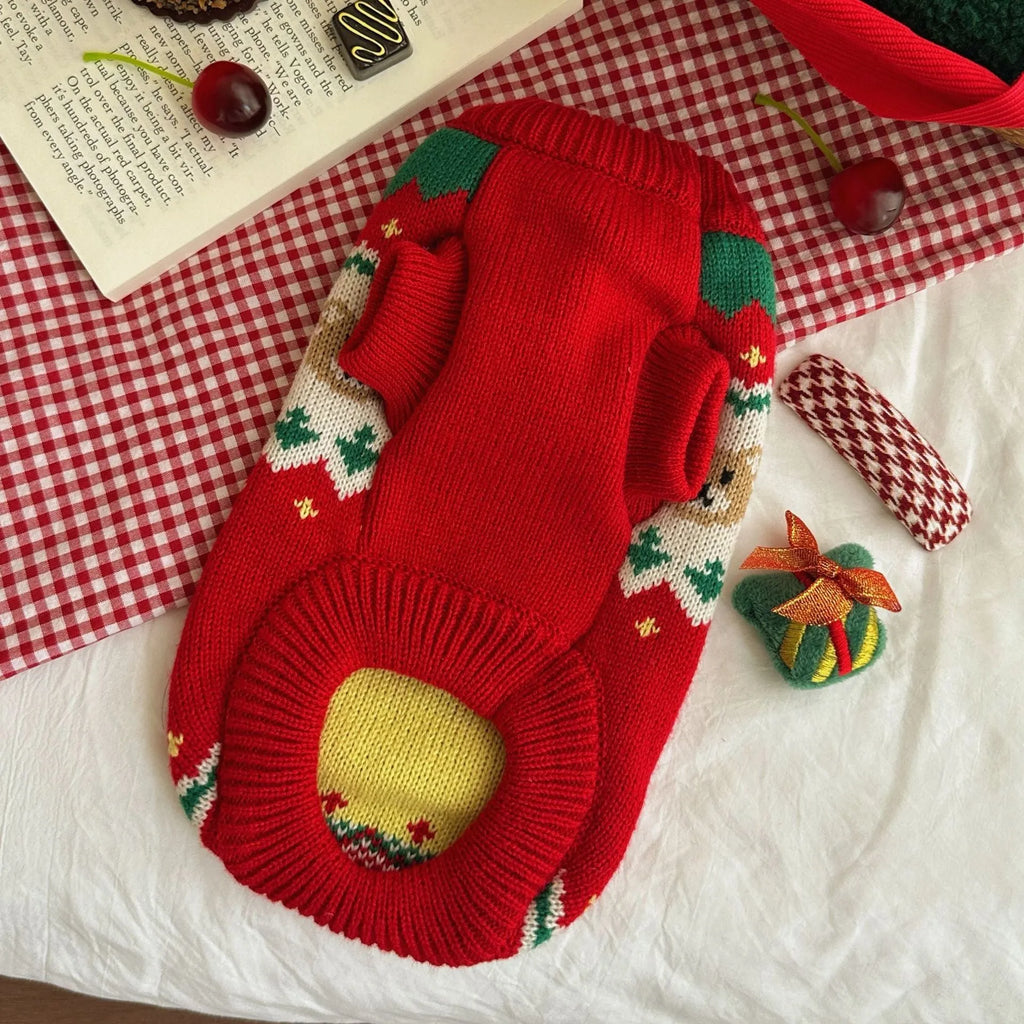 Red Christmas sweater for small dog with cherry pattern, polyester knit pet clothing