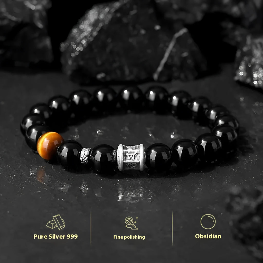 Hand-woven pure silver obsidian bracelet with Tibetan prayer wheel and 10mm beads
