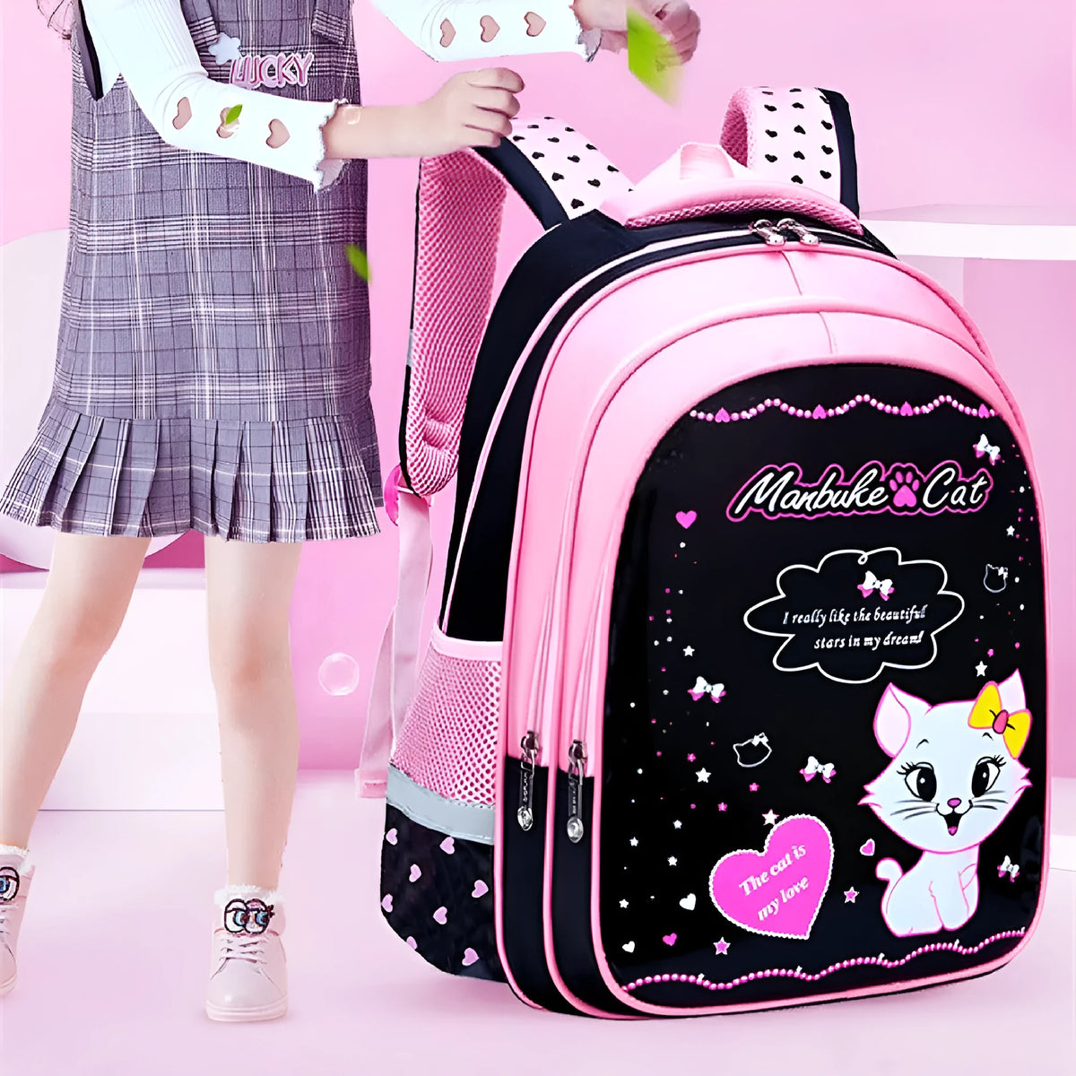 Kids school backpack with cute cat print, nylon, zipper, computer pocket, large and small sizes
