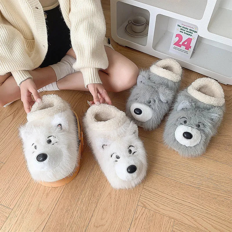 Grey and white ankle wrap cotton slippers with plush upper and non-slip sole.