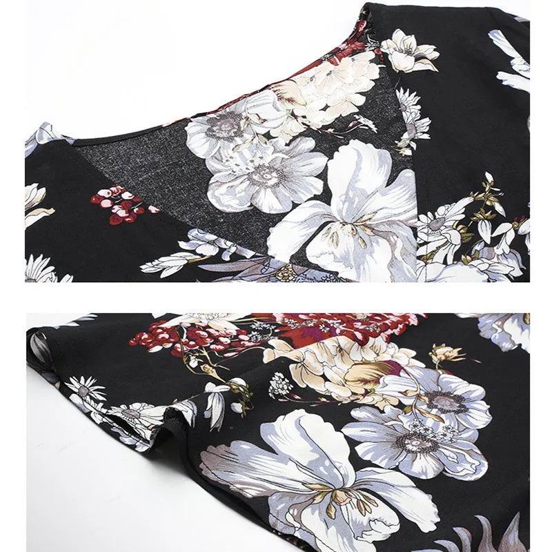 Women's floral print summer dress with V-neck, short sleeves, elastic high waist, and large hemline midi skirt