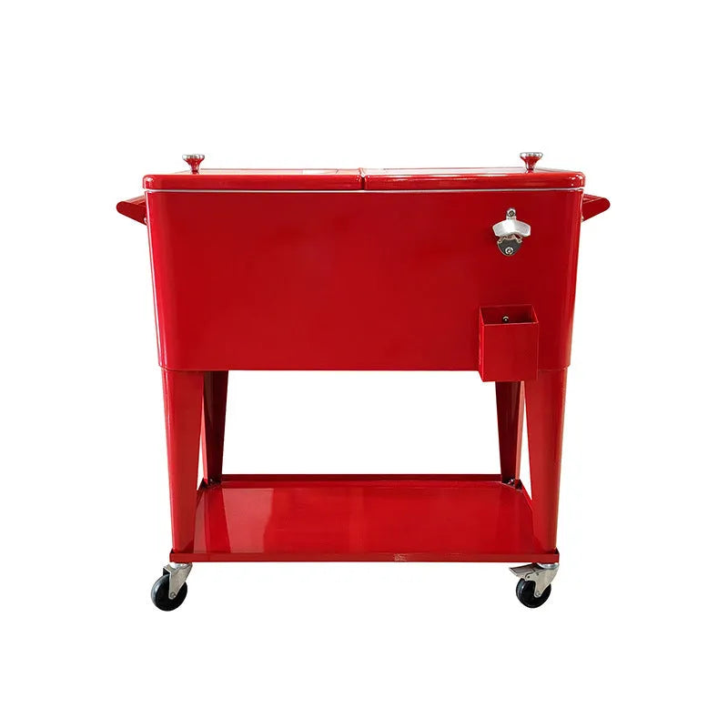 Red outdoor metal insulated trolley cart with 750ml capacity for picnics.